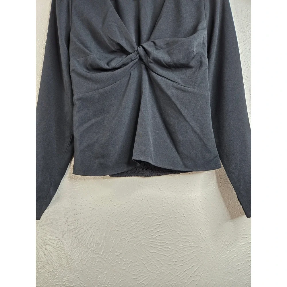 Abercrombie Twist Front Long Sleeve Top Black Smocked V Neck Blouse Dressy Goth